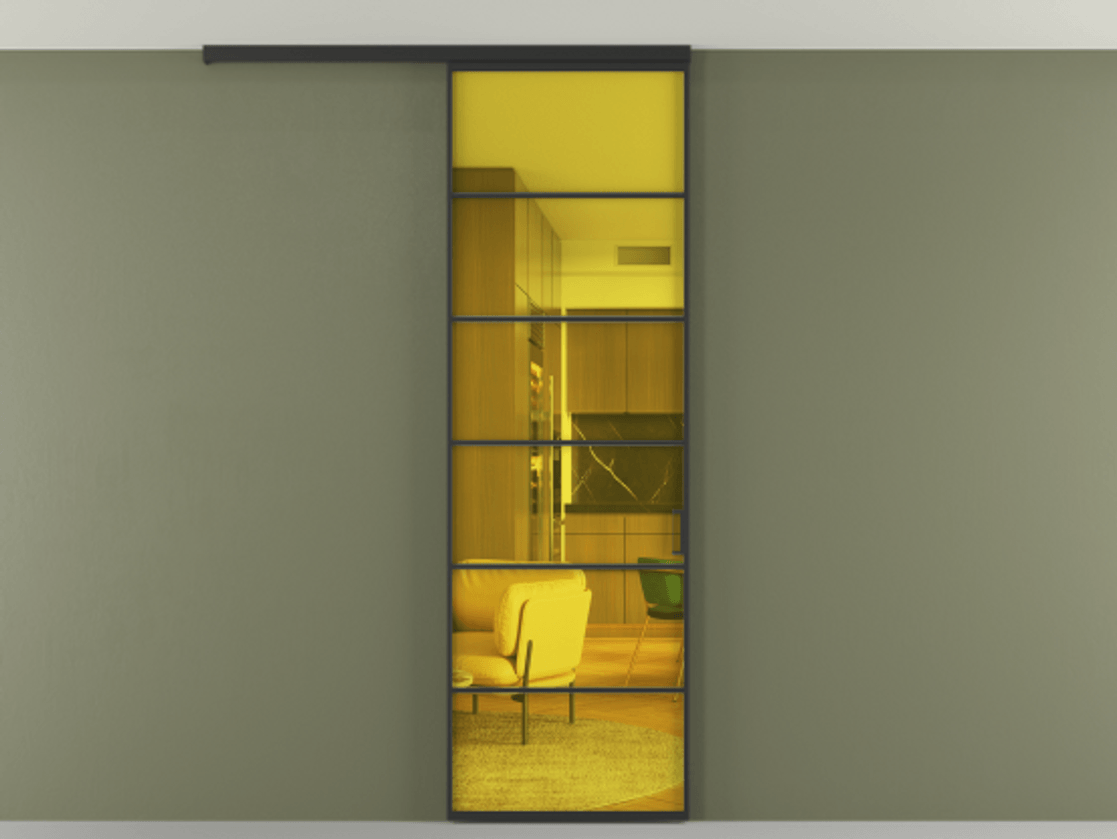 Перегородка Формато вдоль стены на потолок 1 створка АЛПР 040.04 Алюминий Черный Прозрачное жёлтое стекло, триплекс Цена 120990 ₽ | Volhovec