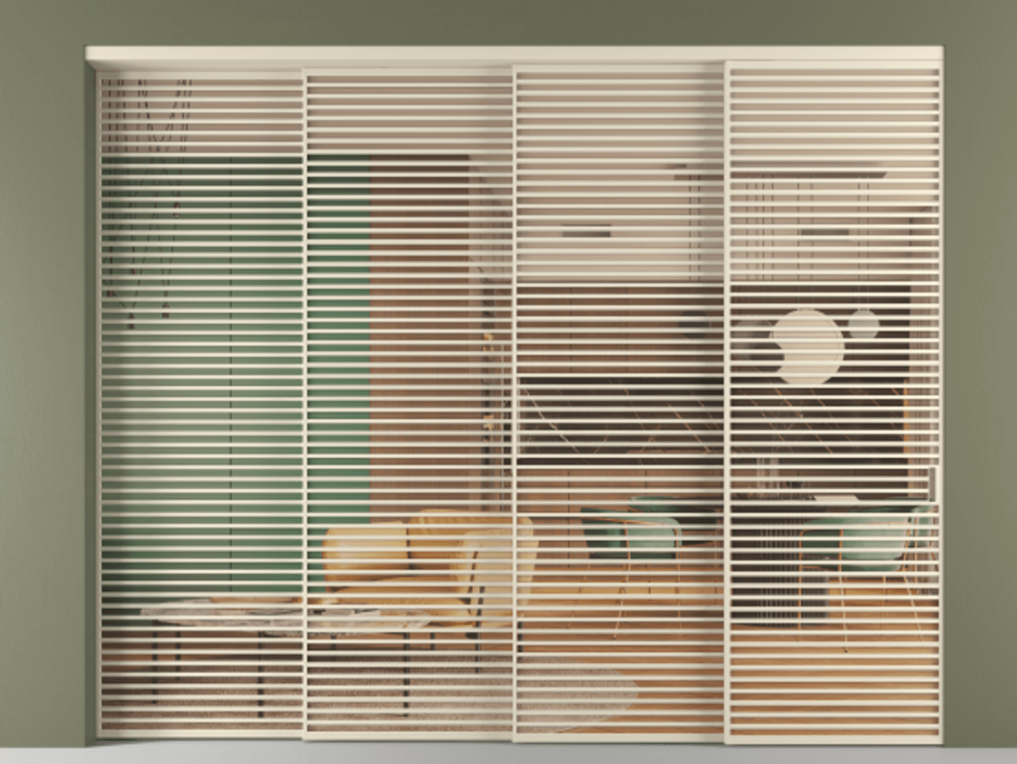 Перегородка Formato внутри проёма 4 створки с синхронным механизмом АЛПР 040.07 Алюминий бежево-серый Прозрачное оранжевое стекло, триплекс Цена 915800 ₽ | Volhovec