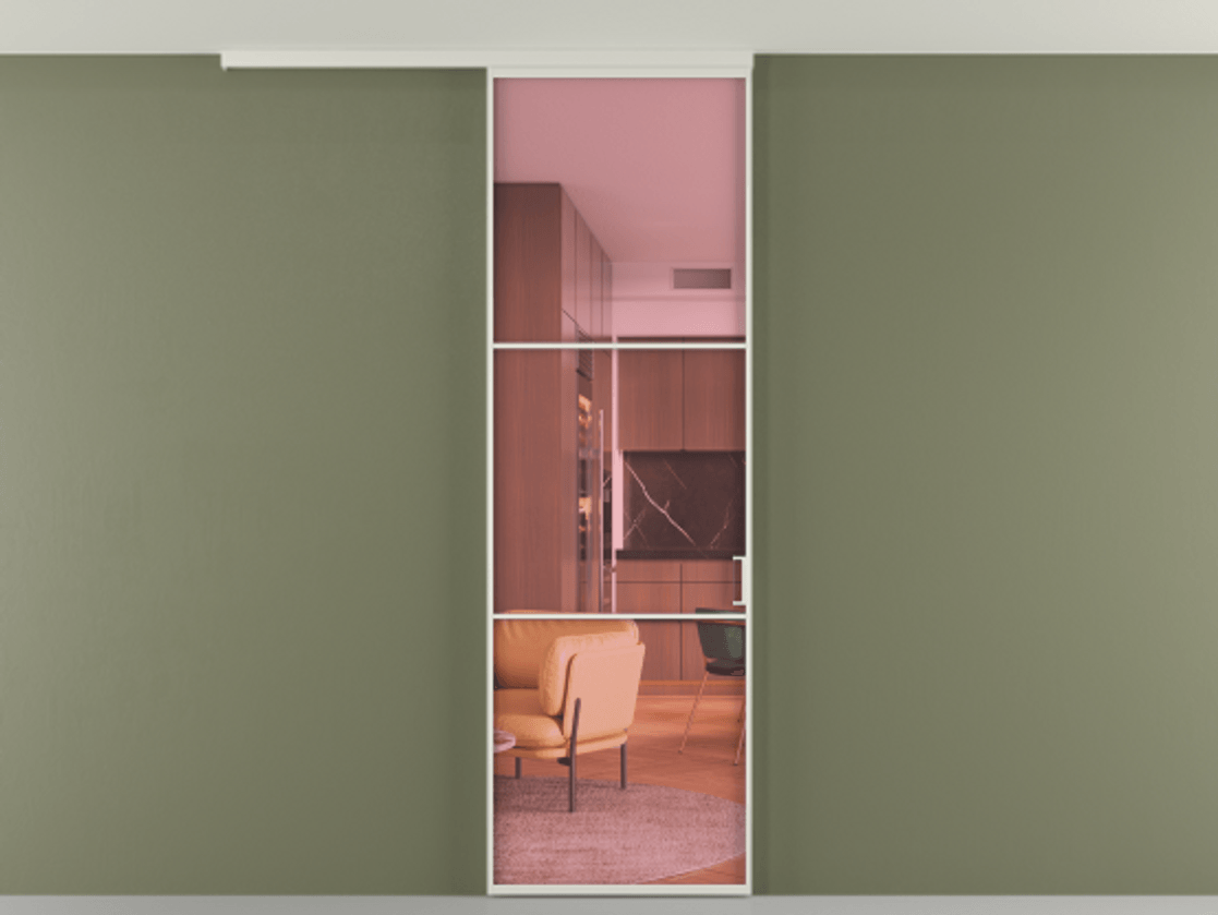 Перегородка Formato вдоль стены на потолок 1 створка АЛПР 040.03 Алюминий Белый Прозрачное розовое стекло, триплекс Цена 97120 ₽ | Volhovec