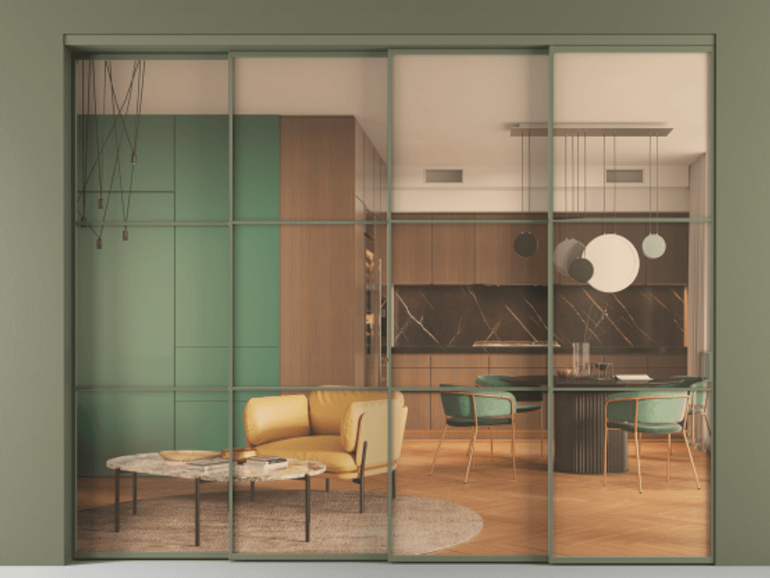 Перегородка Формато внутри проёма 4 створки с синхронным механизмом АЛПР 040.03 Алюминий оливковый тёмный Прозрачное оранжевое стекло, триплекс Цена 523800 ₽ | Volhovec