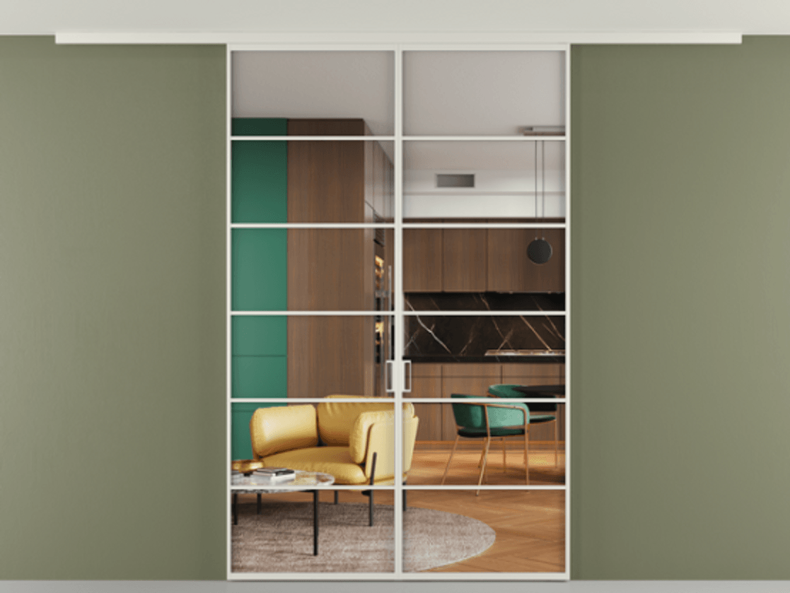 Перегородка Формато вдоль стены на потолок 2 створки АЛПР 040.04 Алюминий Белый Прозрачное стекло "Кристал Вижн", калёное Цена 213264 ₽ | Volhovec