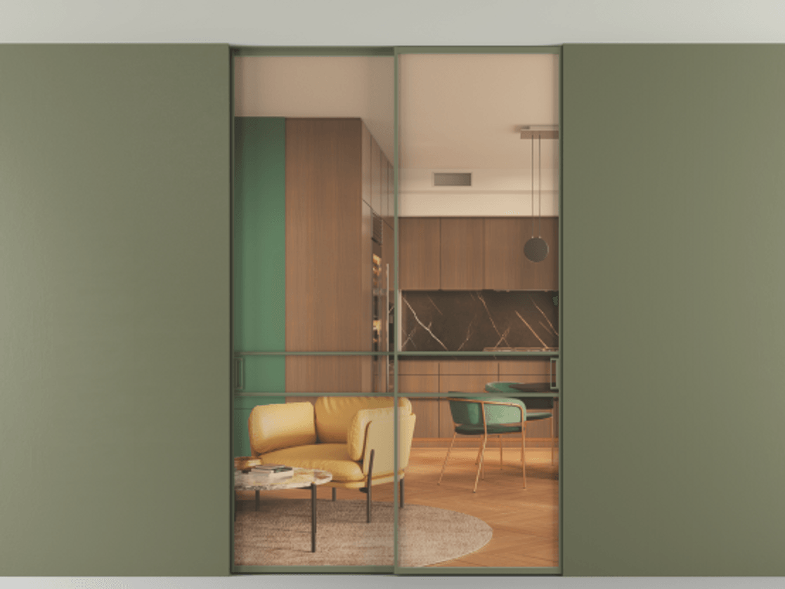 Перегородка Формато внутри проёма скрытое крепление в потолок 2 створки АЛПР 040.02 Алюминий оливковый тёмный Прозрачное оранжевое стекло, триплекс Цена 289520 ₽ | Volhovec