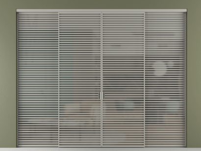 Алюминевая перегородка АЛПР 040.07_АНСР_Серый сатин триплекс_new. Цвет Алюминий нейтральный серый. Материал Алюминий в эмали. Коллекция Перегородка Formato внутри проёма четырёхстворчатая. Картинка.