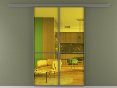 Алюминевая перегородка АЛПР 040.02_АКЛС_ПРОЗ ЖЕЛ_new. Цвет Алюминий классический серый. Материал Алюминий в эмали. Коллекция Перегородка Formato вдоль стены двустворчатая. Картинка.