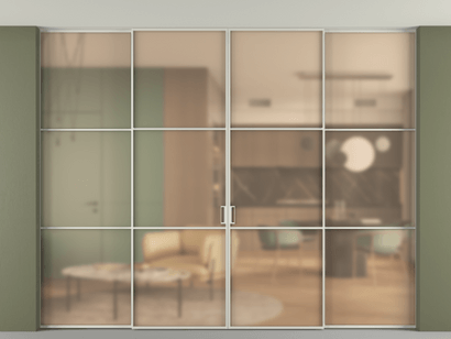 Алюминевая перегородка АЛПР 040.03_БЕЛ_САТ ОРАНЖ_new. Цвет Алюминий Белый. Материал Алюминий. Коллекция Перегородка Formato внутри проёма четырёхстворчатая со скрытым креплением в потолок. Картинка.