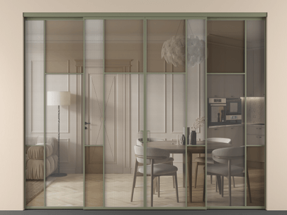 Алюминевая перегородка vnt4_5_АОТ_MS+Бронза триплекс_new. Цвет Алюминий оливковый тёмный. Материал Алюминий в эмали. Коллекция Перегородка Mosaic внутри проёма четырёхстворчатая. Картинка.