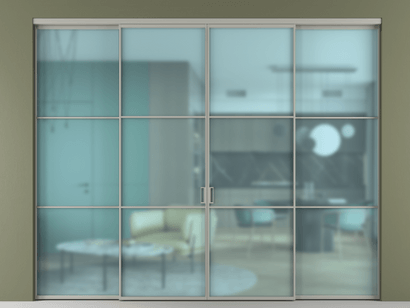 Алюминевая перегородка АЛПР 040.03_АНСР_САТ ГОЛ_new. Цвет Алюминий нейтральный серый. Материал Алюминий в эмали. Коллекция Перегородка Formato внутри проёма четырёхстворчатая. Картинка.