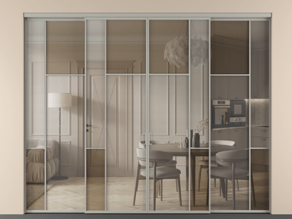 Алюминевая перегородка vnt4_5_АНСР_MS+Бронза триплекс_new. Цвет Алюминий нейтральный серый. Материал Алюминий в эмали. Коллекция Перегородка Mosaic внутри проёма четырёхстворчатая. Картинка.