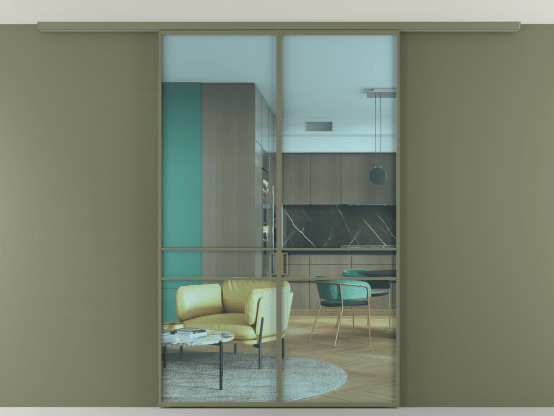 Алюминевая перегородка АЛПР 040.02_АОТ_ПРОЗ ГОЛ_new. Цвет Алюминий оливковый тёмный. Материал Алюминий в эмали. Коллекция Перегородка Formato вдоль стены на потолок 2 створки. Картинка.