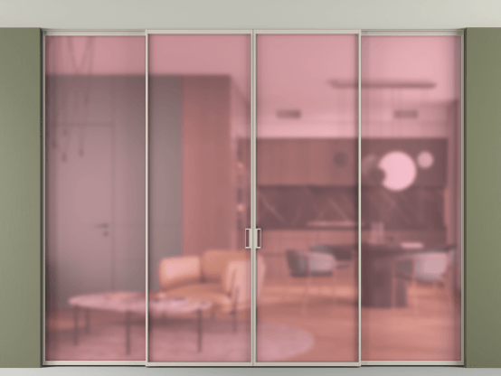 Алюминевая перегородка АЛПР 040.01_АСБЖ_САТ РОЗ_new. Цвет Алюминий светло-бежевый. Материал Алюминий в эмали. Коллекция Перегородка Formato внутри проёма скрытое крепление в потолок 4 створки. Картинка.