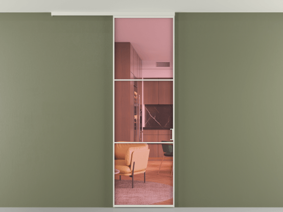 Алюминевая перегородка АЛПР 040.03_БЕЛ_ПРОЗ РОЗ_new. Цвет Алюминий Белый. Материал Алюминий. Коллекция Перегородка Formato вдоль стены на потолок 1 створка. Картинка.