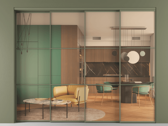 Алюминевая перегородка АЛПР 040.03_АОТ_ПРОЗ ОРАНЖ_new. Цвет Алюминий оливковый тёмный. Материал Алюминий в эмали. Коллекция Перегородка Формато внутри проёма 4 створки с синхронным механизмом. Картинка.