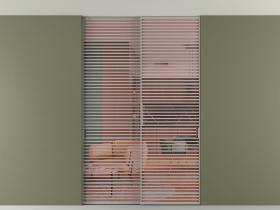 Алюминевая перегородка АЛПР 040.07_АНСР_ПРОЗ РОЗ_new. Цвет Алюминий нейтральный серый. Материал Алюминий в эмали. Коллекция Перегородка Formato внутри проёма скрытое крепление в потолок 2 створки. Картинка.