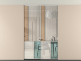 Алюминевая перегородка vntp2_3 Алюминий тёплый серый Четыре стекла. Цвет Алюминий тёплый серый. Материал Алюминий в эмали. Коллекция Перегородка Mosaic внутри проёма скрытое крепление в потолок 2 створки. Картинка.