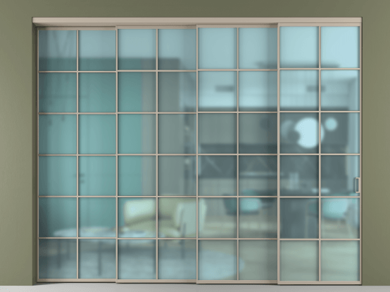 Алюминевая перегородка АЛПР 040.05_АБСК_САТ ГОЛ_new. Цвет Алюминий бисквитный. Материал Алюминий в эмали. Коллекция Перегородка Formato внутри проёма 4 створки с синхронным механизмом. Картинка.