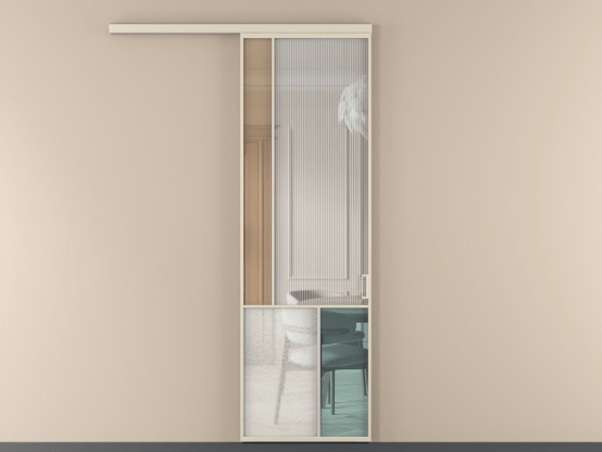 Алюминевая перегородка vd1_3 Алюминий бежево-серый Четыре стекла. Цвет Алюминий бежево-серый. Материал Алюминий в эмали. Коллекция Перегородка Mosaic вдоль стены 1 створка. Картинка.