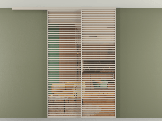 Алюминевая перегородка АЛПР 040.07_АСБЖ_ПРОЗ ОРАНЖ_new. Цвет Алюминий светло-бежевый. Материал Алюминий в эмали. Коллекция Перегородка Formato вдоль стены на потолок 2 створки с синхронным механизмом. Картинка.