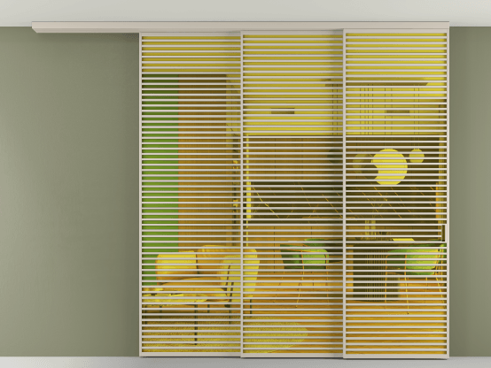 Алюминевая перегородка АЛПР 040.07_АСБЖ_ПРОЗ ЖЕЛ_new. Цвет Алюминий светло-бежевый. Материал Алюминий в эмали. Коллекция Перегородка Formato вдоль стены на потолок 3 створки с синхронным механизмом. Картинка.