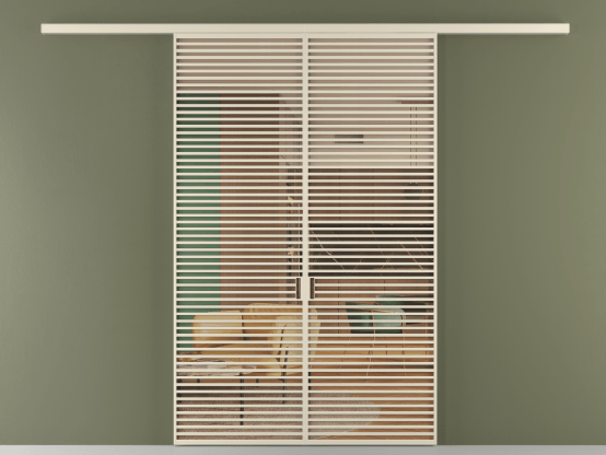 Алюминевая перегородка vd2_07_ Алюминий бежево-серый Прозрачное оранжевое стекло, триплекс, 6мм. Цвет Алюминий бежево-серый. Материал Алюминий в эмали. Коллекция Перегородка Formato вдоль стены 2 створки. Картинка.