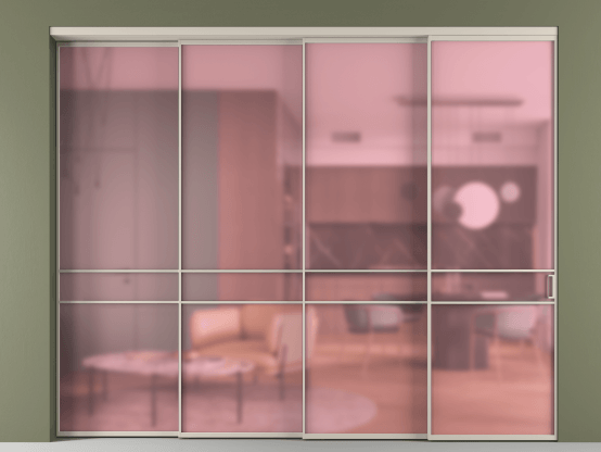 Алюминевая перегородка АЛПР 040.02_АСБЖ_САТ РОЗ_new. Цвет Алюминий светло-бежевый. Материал Алюминий в эмали. Коллекция Перегородка Formato внутри проёма 4 створки с синхронным механизмом. Картинка.