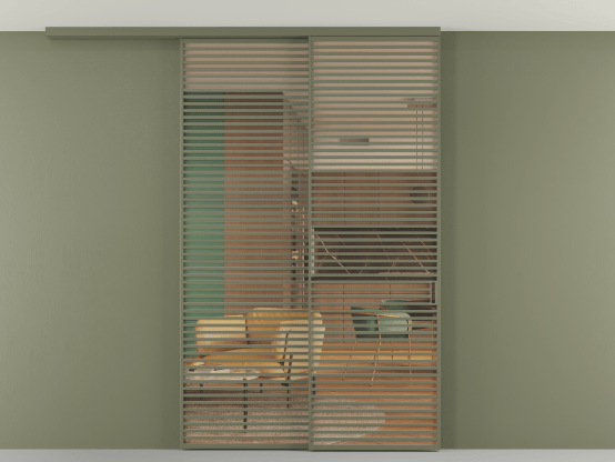 Алюминевая перегородка АЛПР 040.07_АОТ_ПРОЗ ОРАНЖ_new. Цвет Алюминий оливковый тёмный. Материал Алюминий в эмали. Коллекция Перегородка Formato вдоль стены на потолок 2 створки с синхронным механизмом. Картинка.