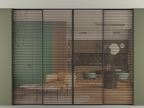 Алюминевая перегородка АЛПР 040.07_ЧРН_ПРОЗ ОРАНЖ_new. Цвет Алюминий Черный. Материал Алюминий. Коллекция Перегородка Formato внутри проёма скрытое крепление в потолок 4 створки. Картинка.